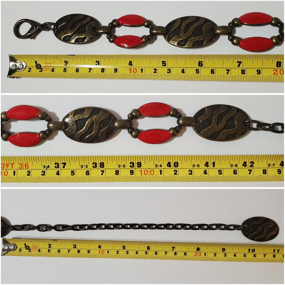 Vintage Women's Brass Red Enamel Link Chain Belt